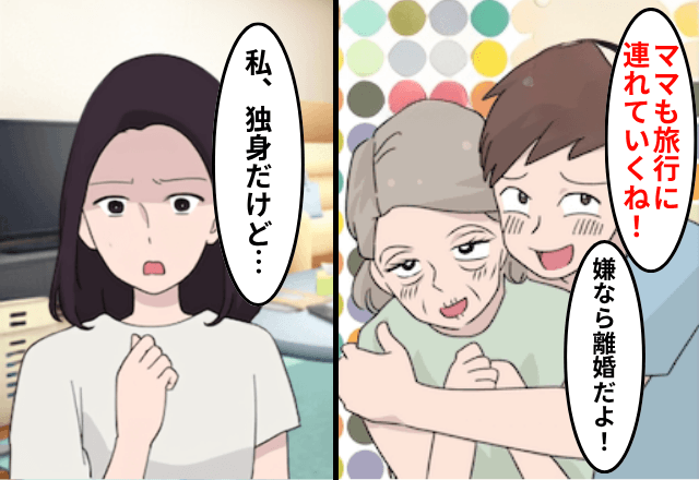 夫「新婚旅行にママも連れてく！嫌なら離婚な（笑）」私「え、私は独身だけど？」⇒勘違いに気づいた夫「待ってくれ」