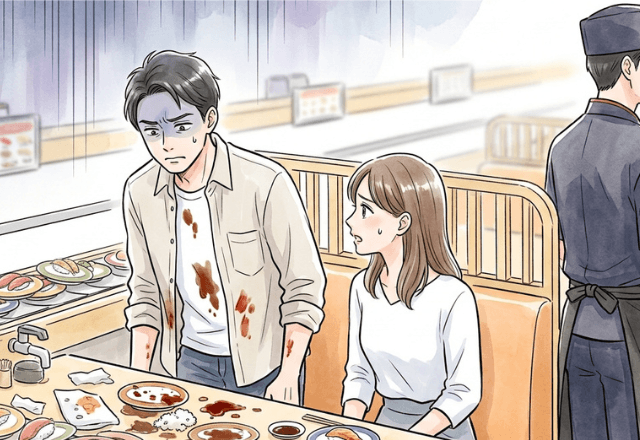 回転寿司で…突然レーンが止まり夫が『寿司まみれ』に。店員を呼んだ結果⇒【まさかの対応】に「ウソでしょ…」